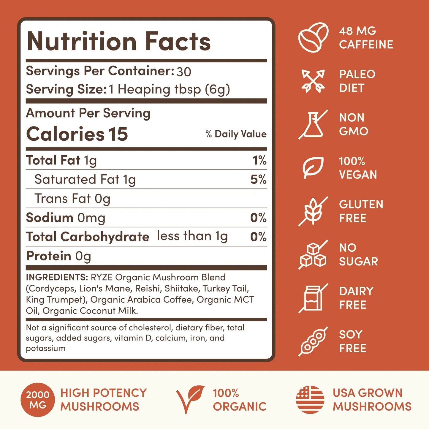 RYZE Mushroom Coffee — Organic Instant Coffee with Cordyceps & Reishi, 30 Servings