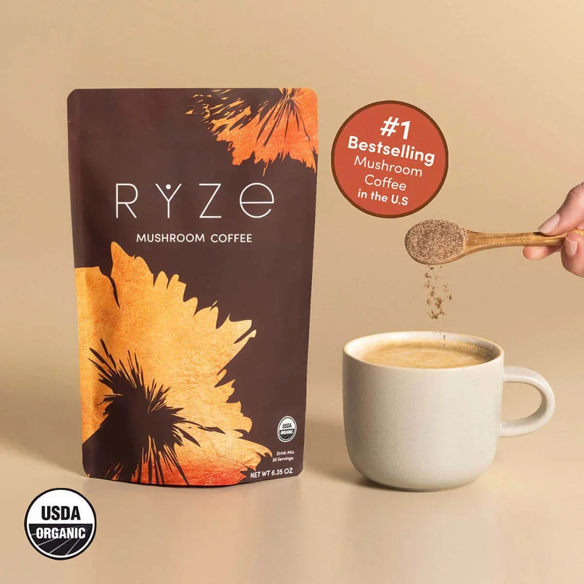 RYZE Mushroom Coffee — Organic Instant Coffee with Cordyceps & Reishi, 30 Servings